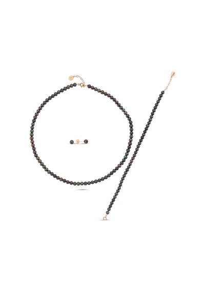 5 Mm Siyah Doğal İnci Sıralı Kolye Bileklik Küpe Üçlü Set 45 Cm / Sarı Gümüş