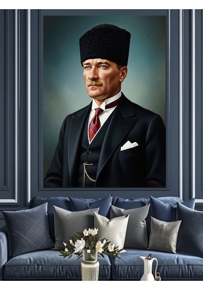 Ahşap Tablo Kalpak Başlıklı Siyah Takım Elbiseli Atatürk Portresi