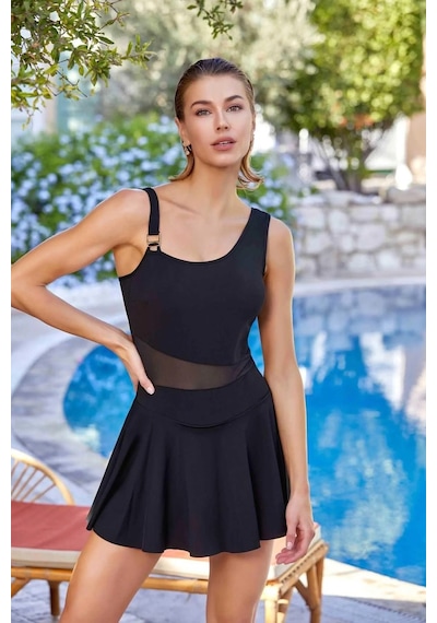 Pierre Cardin Yeni Sezon 2025 Su Tutmayan Kumaş Tül Detaylı Askılı Etekli Mayo Ht2758 Siyah
