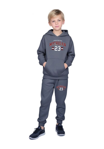 Panios Kids Kanguru Cepli Kapüşonlu Mıchıgan Baskılı Erkek Çocuk Eşofman Takımı Füme