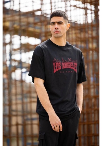 Freedom Storee Erkek Kısa Kol Tişört Bisiklet Yaka Los Angeles Baskılı T-shirt - Siyah Çok Renkli
