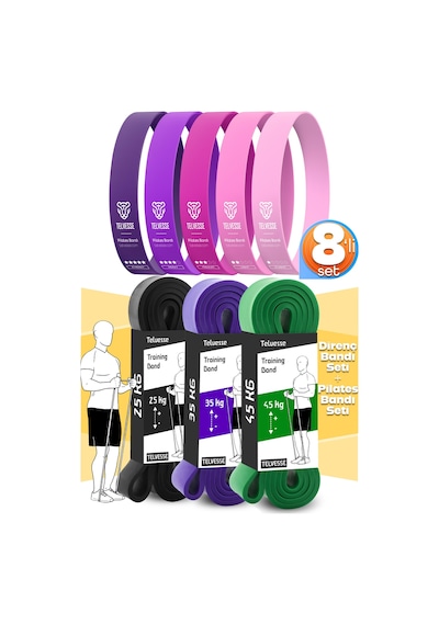 8li Giga Set 25+35+45 Kg + 5li Pilates Direnç Bandı Barfiks Lastiği Loop Band Pembe Ton Çok Renkli
