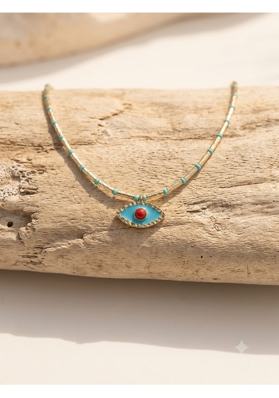 Rhea Jewelry Nazar Boncuklu Çelik Kolye Gold Renk Mineli Göz Figürlü Kadın Kolye 3 Renk Mavi