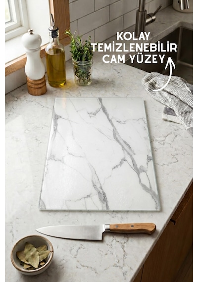 Klasik Mermer Desenli Cam Kesim Tahtası - 25x35cm -dayanıklı Ve Pratik Kesim Matı Beyaz