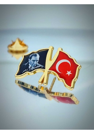 Yörük Tasarım Türk Bayrağı & Atatürk Altın Kaplama Mineli Döküm Yaka Rozeti
