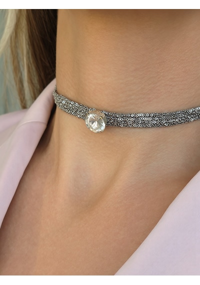 Kordon Zincir Örme Kristal Taşlı El Yapımı Choker Tasma Şeffaf Silver Renk Kolye Şefffaf
