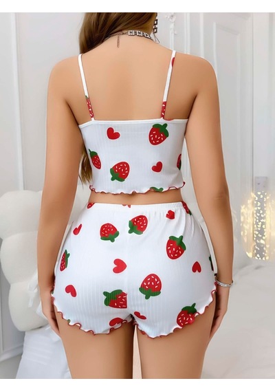 Findit Kadın Beyaz Çilek Desenli Şortlu Pijama Takımı 5053 Beyaz