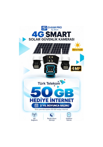 O-kam Pro 4g Solar 4 Lens Ptz Güvenlik Kamerası 2 Yıl Geçerli 50 Gb Türk Telekom İnternet Hediyeli, 355 Hareket, Renkli Gece Görüşü, Çift Yönlü Ses, Hareket Algılama, Çift Yönlü Ses, Hareket Algılama