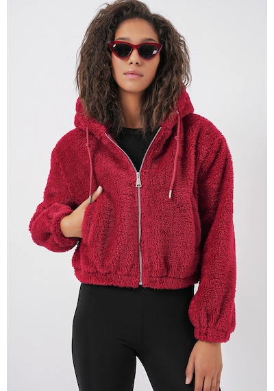 Bigdart 5193 Kapüşonlu Peluş Crop Ceket - Bordo
