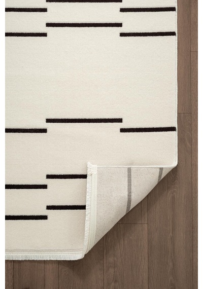 Look Black Lb003w Krem Halı Siyah Dekoratif Çizgili Modern Desen Akrilik Yumuşak Tozuaz Salon Halısı-893 Krem