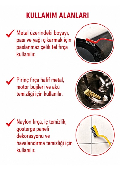 Sara 3 Lü Mini Tel Fırça Seti Pirinç + Paslanmaz Çelik + Naylon Tel 3'lü
