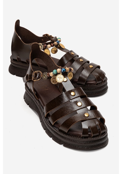 Luvishoes Solıs Kahverengi Hakiki Deri Boncuklu Kadın Sandalet