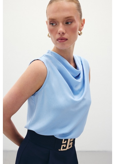 Sateen Degaje Yaka Saten Bluz - Mavi-136199 Mavi