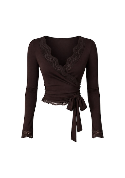 Black Fashion Kruvaze Bağlamalı Dantelli Kahverengi Bluz