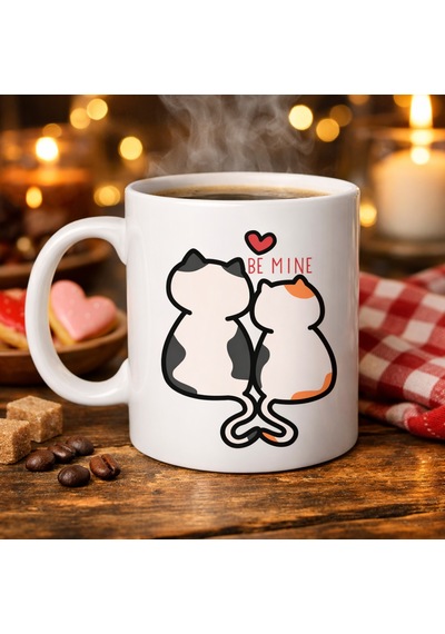 Be Mine Sevimli Kedili Porselen Kupa Model 40 Aşık Kediler Tasarımlı Sevgiliye Özel Kahve Kupası Düz Renkli