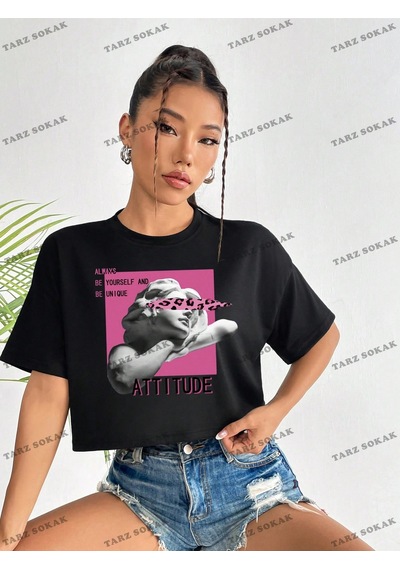 Flood Of Style Crop Ckod-232913 Şekil Ve Harf Grafik Düşük Omuz Kısa Siyah