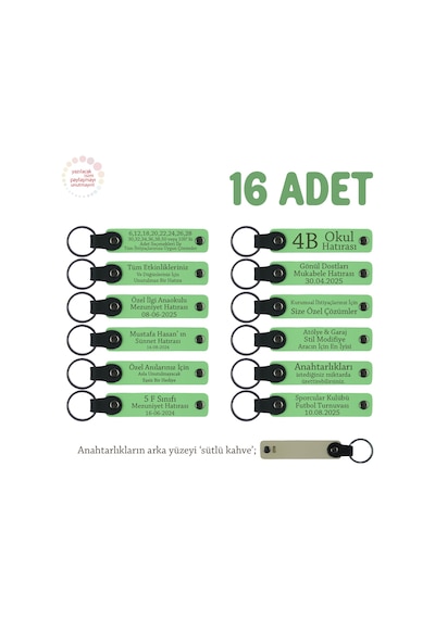 Gitar Eğitimi Mezuniyet Hatırası 16'lı Set, İsim Yazılı Hediyelik Anahtarlık, Fıstık Yeşil & S Kahve