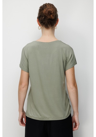 Kadın Sıfır Yaka Önü Payet Güllü Penye T-shirt Haki Haki