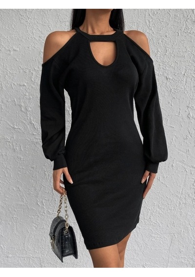 Defymoda Kadın Uzun Kollu Omuzları Açık Boyundan Şerit Detay Kaşkorse Elbise Siyah