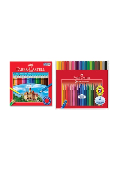 Faber Castell Okul Boyama Seti 24 Renk Kuru Boya Ve 20 Renk Grip Keçeli Kalem Çok Renkli