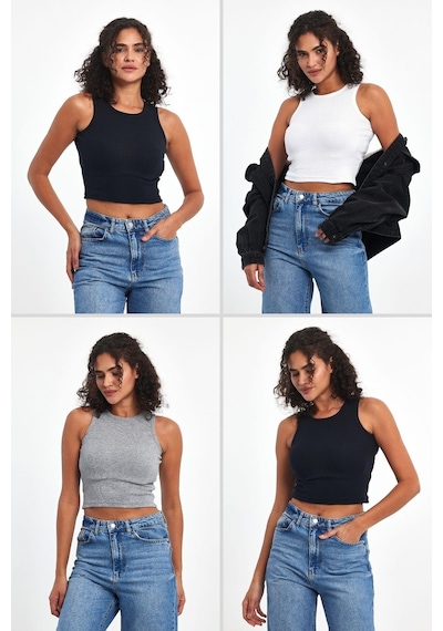 Comeor Kadın Siyah-gri-beyaz-lacivert Fitilli Görünümlü Askılı Kalın Esnek Örme 4'lü Basic Crop Atlet Bluz