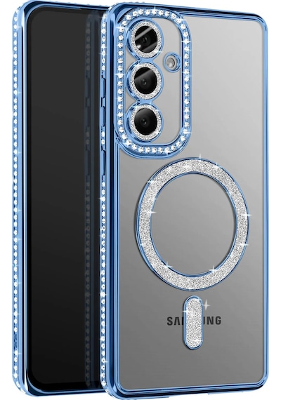Samsung Galaxy S26 Uyumlu Kılıf Parlak Taşlı Simli M-safe Telefon Kılıfı Kapak Mavi