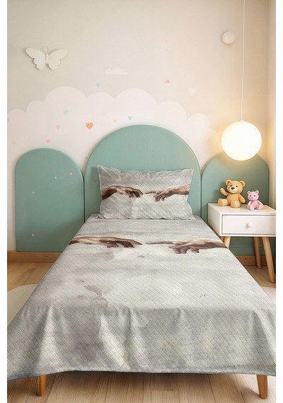 Sanatsal Dokunuş Genç Odası Tek Kişilik Pike Takımı - Adem'in Yaratılışı 160x220 Cm Yatak Örtüsü Naif Sepet Demi