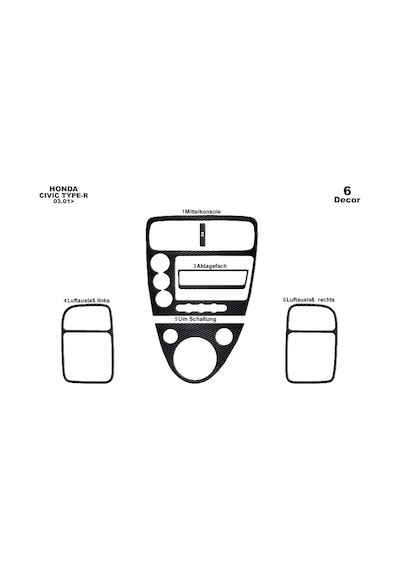 Honda Civic Type R Torpido Kaplama 2001-2006 6 Parça Siyah Karbon