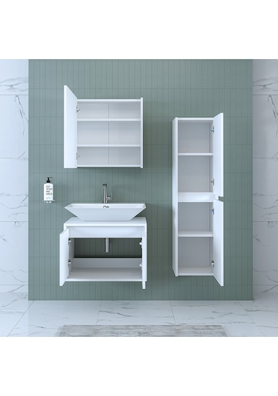 Banos Banyo Roomart Lavabolu Mat Beyaz Mdf 65 Cm Banyo Dolabı+Ayn Mat Beyaz