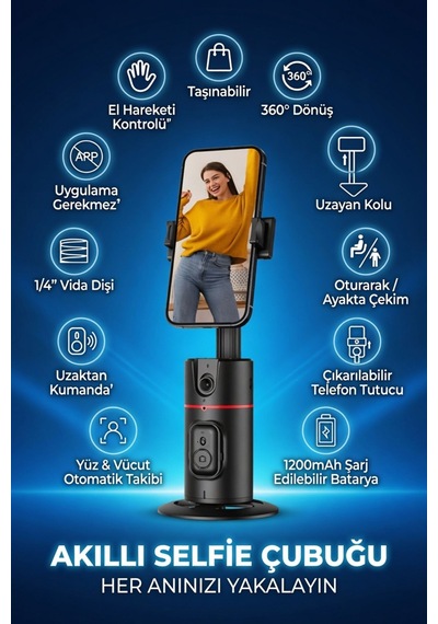 Akıllı Telefon Tutucu 360 Otomatik Yüz Takipli Bluetooth Kumandalı Selfie Çekim Aparatı
