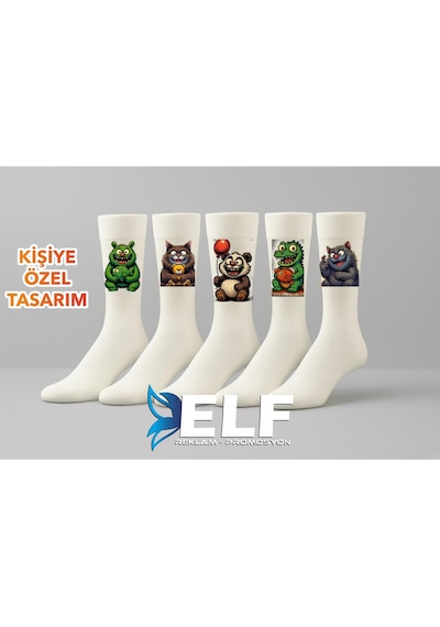 Elf Reklam Kişiye Özel Tasarımlı Baskılı Çorap Beyaz