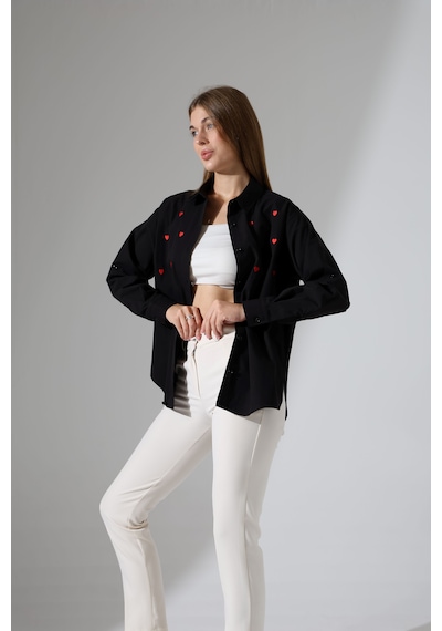 Corradeo Giyim Yeni Sezon Oversize Çizgili Poplin Kumaş Kalp Nakış Detaylı Apoletli Tasarım Gömlek Siyah