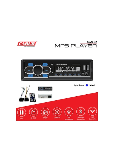 Carub Oto Teyp Usb Çalar 12v Mavi Işık