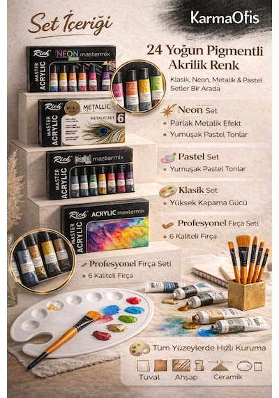 Profesyonel Akrilik Boya Seti 24 Renk Neon + Metallic + Pastel + Klasik 6 Lı Fırça & Palet Dahil Ekru