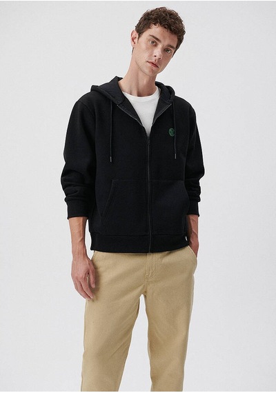 Erkek Mavi Logolu Kapüşonlu Fermuarlı Sweatshirt-siyah Siyah