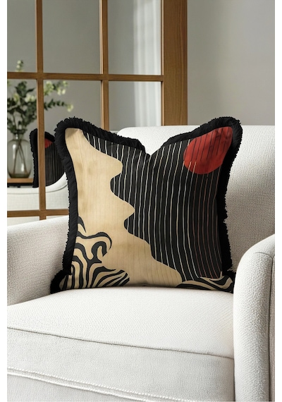 Modern Soyut Zebra Motifli Saçaklı Yastık Kılıfı - Sanatsal Safari Bej Siyah Püsküllü Kırlent Kılıfı Derin Kanyon Halo