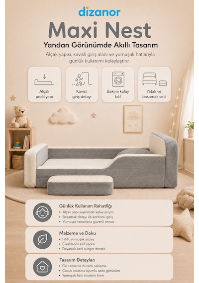 Dizanor Maxi Nest Montessori Çocuk Karyola Yatak Seti Gri Fitilli 140 X 200 Dizanor Maxi Nest Montessori Çocuk Karyola Yatak Seti Gri Fitilli 140 X 200