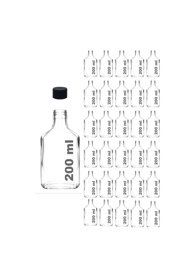 30 Adet 200 Ml Sızdırmaz Siyah Kapaklı Cam Detoks Şişesi Cold Brew Yassı Şişe Seti - 200 Cc Şeffaf