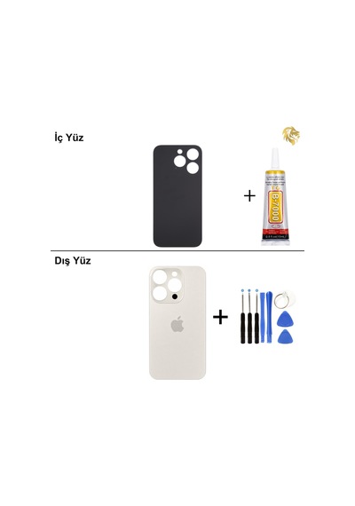 İphone Uyumlu15 Pro Beyaz Titanyum Arka Kapak Arka Cam Batarya Kapağı Lazer Kesim Kapak Pil Kapağı + B-7000 Yapıştırıcı + Tamir Seti Standart