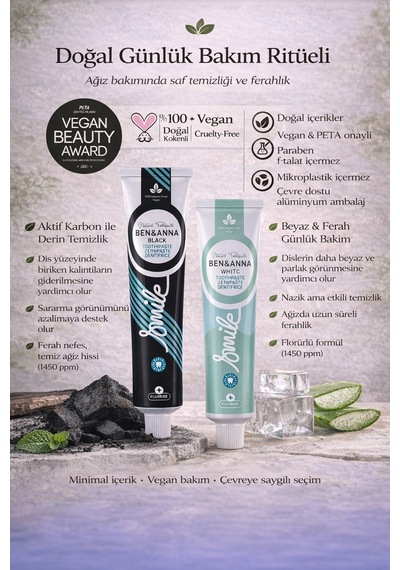 Ben&anna Aktif Karbon Ve White Fresh Florürlü Diş Macunu 2 Li Set Vegan Doğal 75 Ml