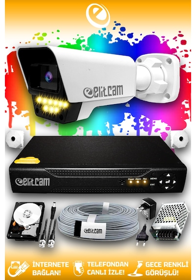 Elitcam 1 Kameralı Süper 1 Dış Kamera Set 100 GB 5 MP 2K Net Renkli Gece Görüşlü Güvenlik Kamerası Sistemi