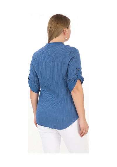 Lady Majestic %100 Cotton Hakim Yaka Büyük Beden Kadın Müslim Kumaş Gömlek Mavi