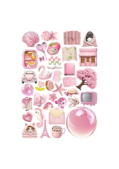 36 Adet Seyahat, Yaz Ve Deniz Temalı Pinky Sticker Seti - Etiket Seti Sketchbook Pembe