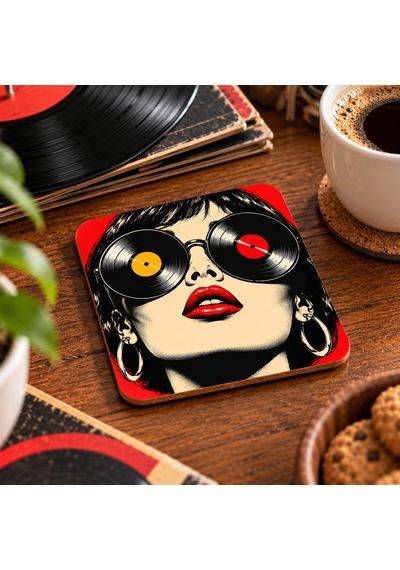 Plakların Divası Temalı Dekoratif Mdf Bardak Altlığı 10x10 Cm Çok Renkli