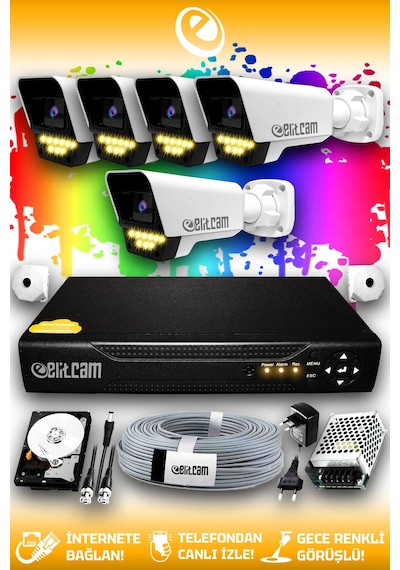 Elitcam 5 Kameralı Süper 5 Dış Kamera Set 320 GB 5 MP 2K Net Renkli Gece Görüşlü Güvenlik Kamerası Sistemi