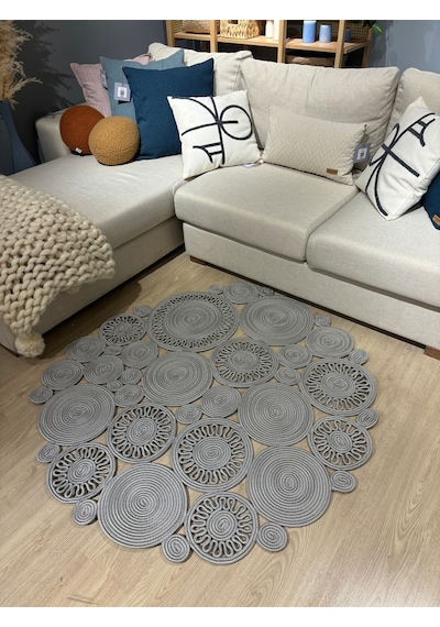Mavaux Harmony Jüt Doğal Hasır Kilim Bej Geometrik Bohem Yuvarlak El Örmesi Halı Gri
