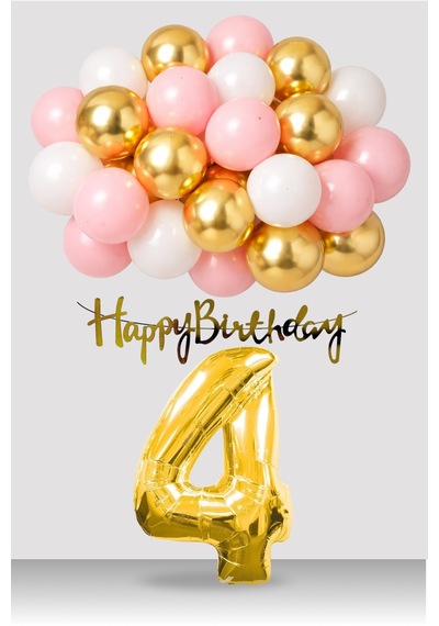 4 Yaş Retro Gold Pembe Beyaz Balon Happy Birthday Banner Gold Rakam Doğum Günü Süsü Çok Renkli