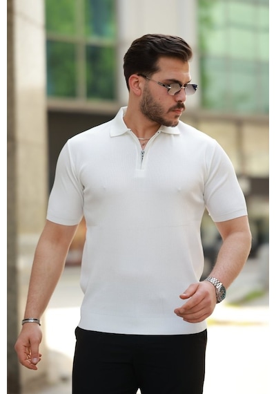 Erkek Fermuarlı Yakalı Kısa Kollu Tshirt Beyaz