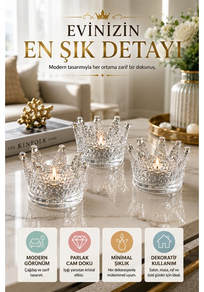 4'lü Set Kristal Taç Mumluk Şeffaf Diğer