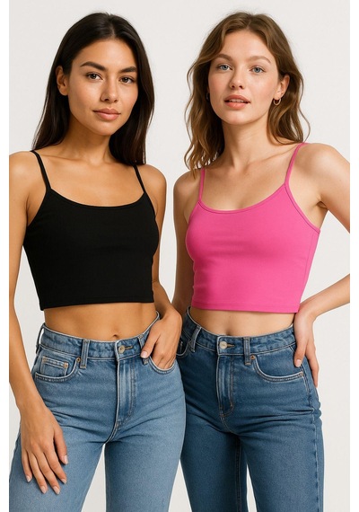 Kadın 2'li Paket Pembe Siyah Kısa Crop İp Askılı Krop Bluz Büstiyer Çok Renkli